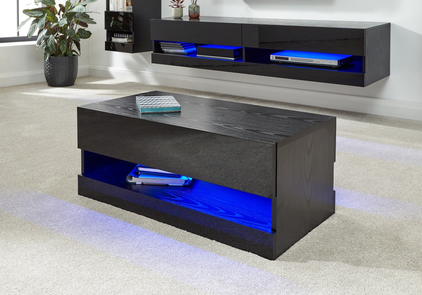 Black coffee table with blue LED lights