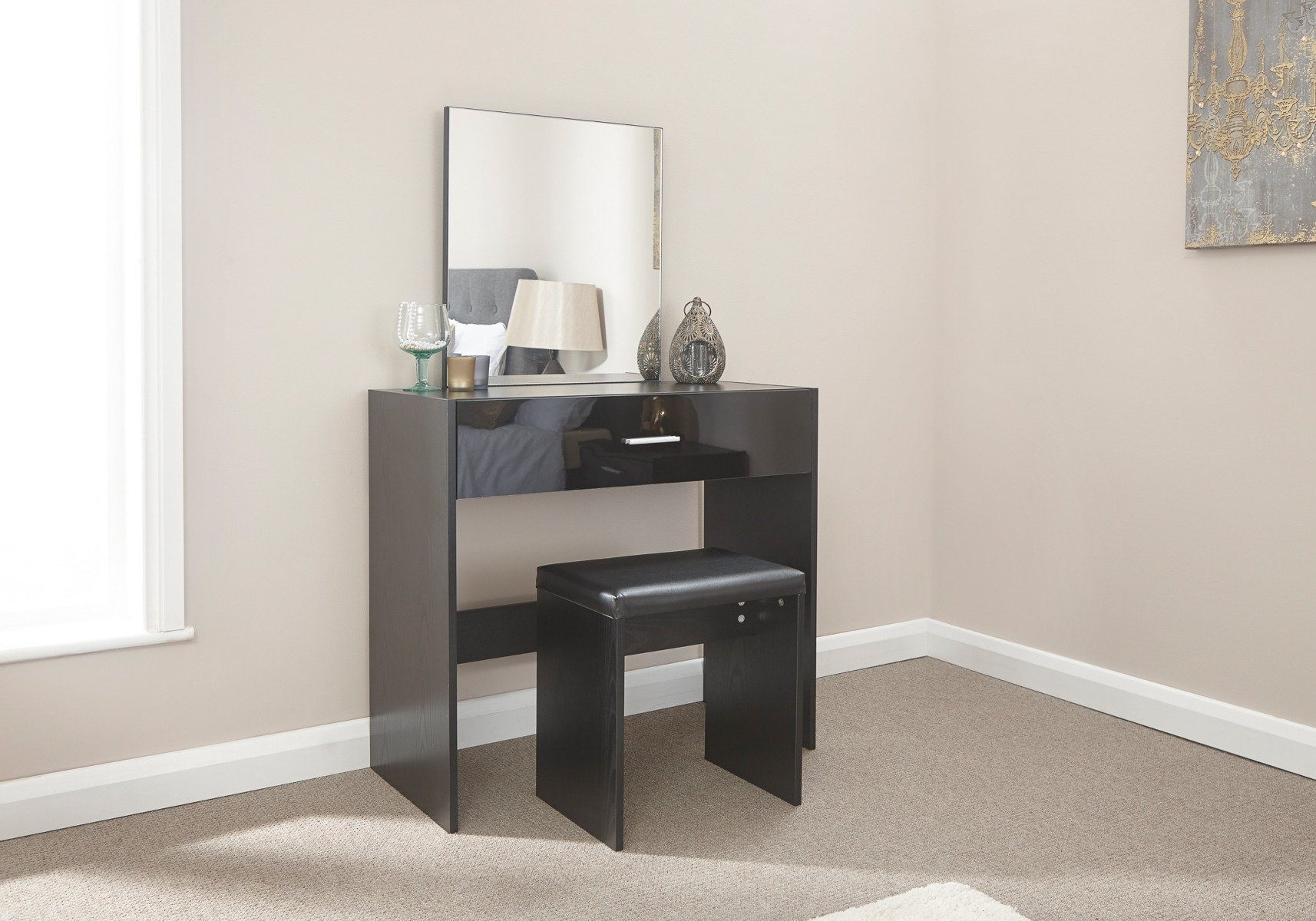 Black dressing table with matching stool