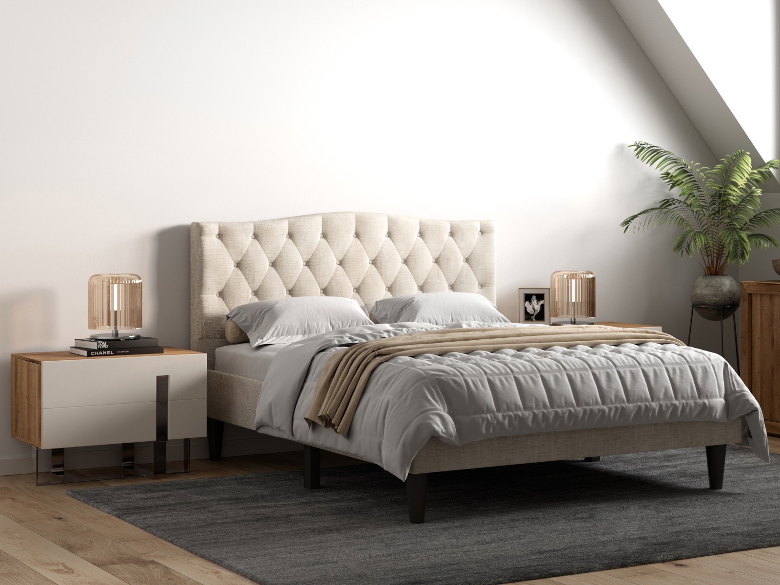 cream double fabric bed