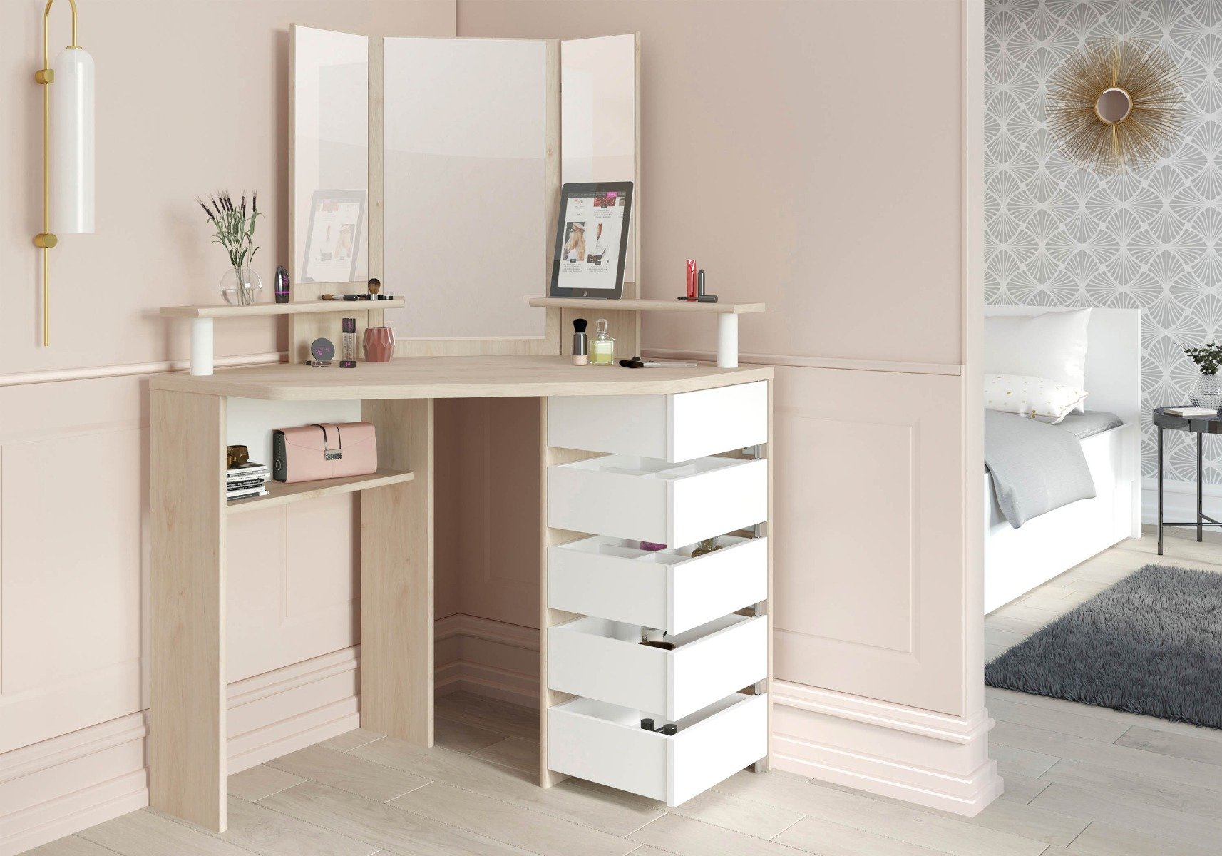 White and oak corner dressing table