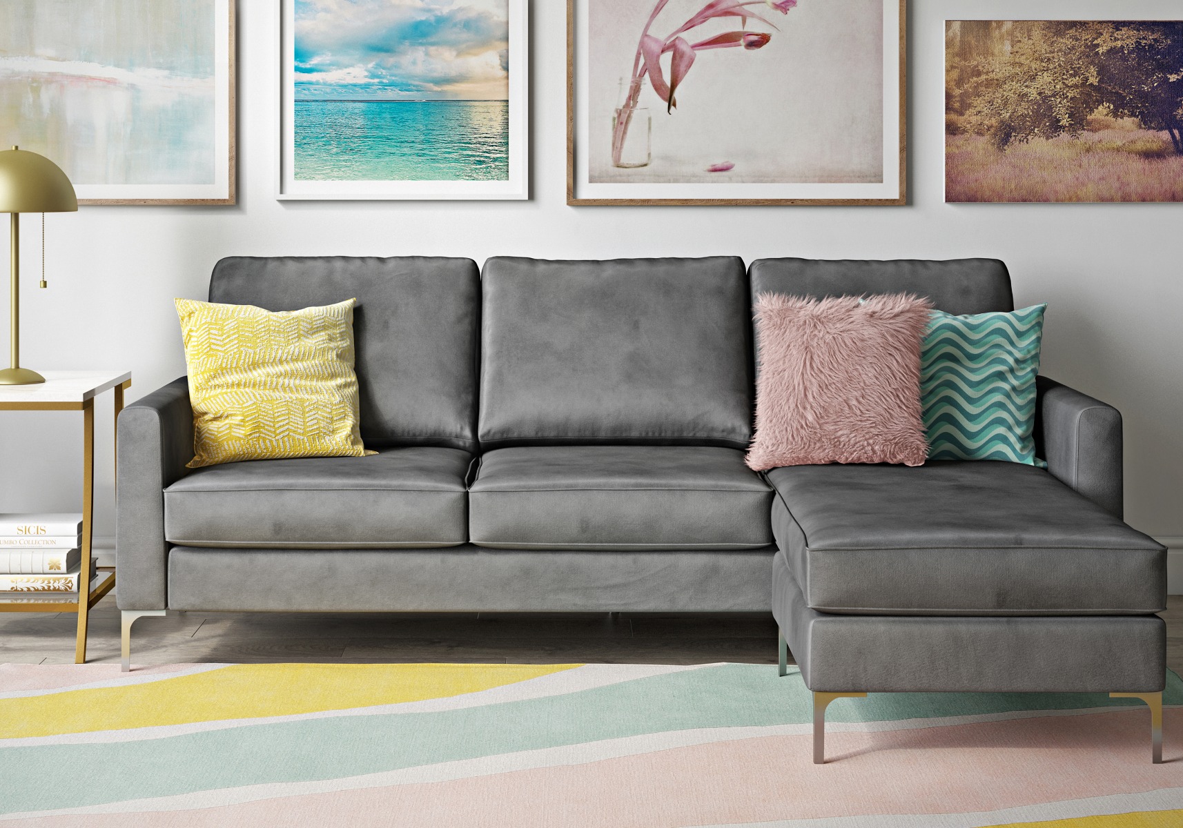 Grey corner sofa with cushions in various colours