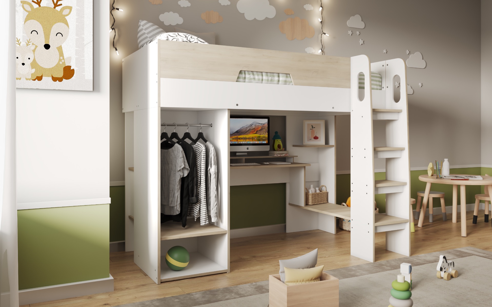 Flair Coco High Sleeper Workstation with Wardrobe in Oak And White