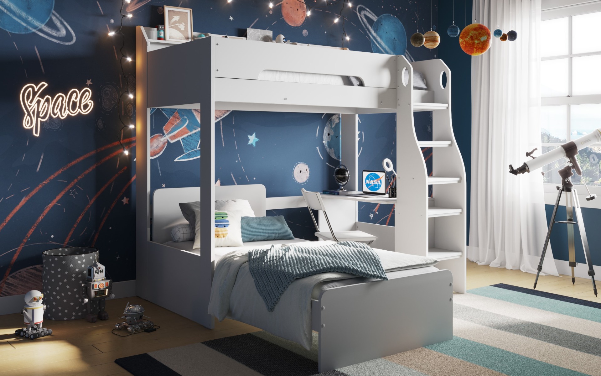Flair Cosmic L Shaped Bunk Bed with Shelf and Desk in White