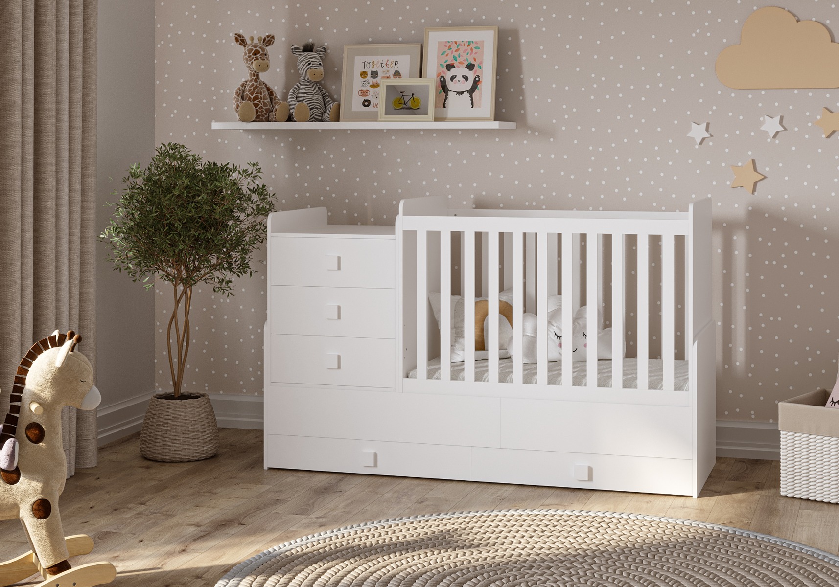 white cot with attached drawers