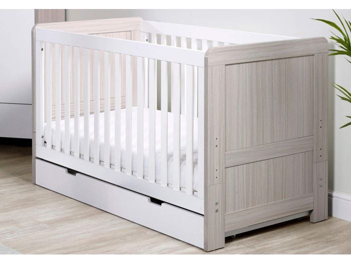 Ickle Bubba Pembrey Ash Grey and White Cot Bed with Under Drawer Modern design