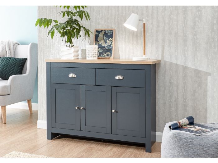 GFW Lancaster Large Sideboard traditional style with 3 doors 2 drawers a wood effect top and chrome handles available in slate blue grey and cream