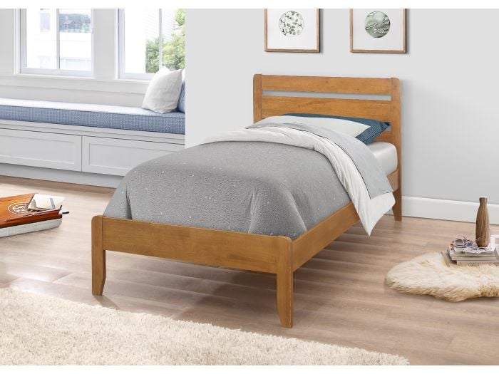 A contemporary style wooden bed frame, horizontal slatted headboard and tapered legs