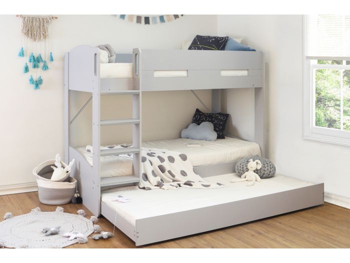 Modern grey bunk bed with a pull out trundle drawer. Integrated ladder with deep treads and grab handles.