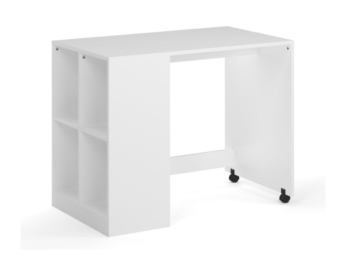 Modern white pull out kids desk with four storage compartments. Shown with the Kidsaw Coast midsleeper.