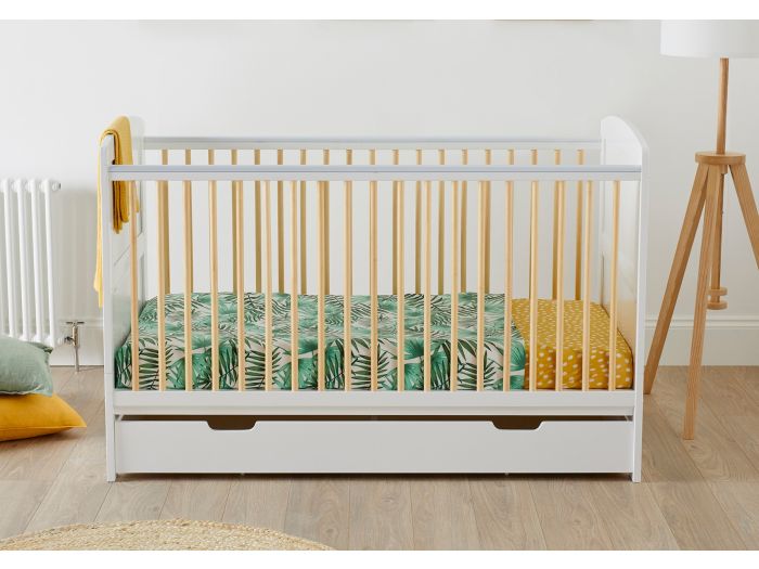 Classic style cot bed white and natural wood with drawer below by Ickle Bubba