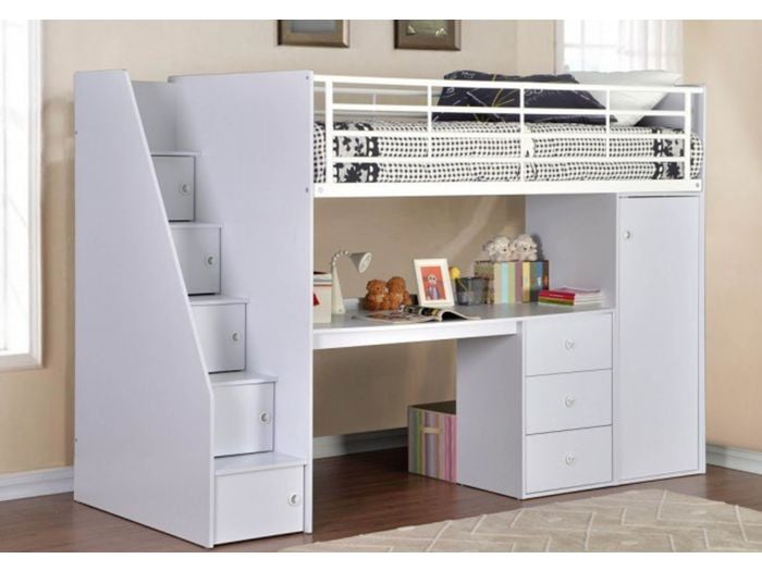 White High Sleeper bed with desk with drawers a wardrobe and a staircase with storage in the steps by Flintshire