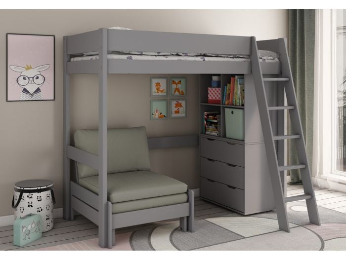 Modern, grey high sleeper bed with sofabed, 3 drawer chest and cube storage unit.