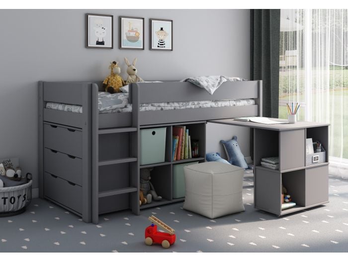 Estella Grey Mid Sleeper with Storage Cubes, Desk and Chest