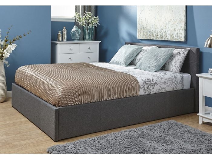 GFW End Lift Ottoman Bed modern styling available in grey faux leather and grey fabric sprung slatted base sturdy hardwood frame