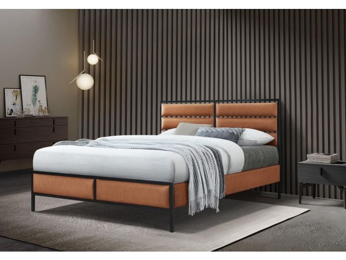 Tan Faux Leather Bed Frame, Contemporary style with a sleek black metal frame. Padded headboard, low foot end.