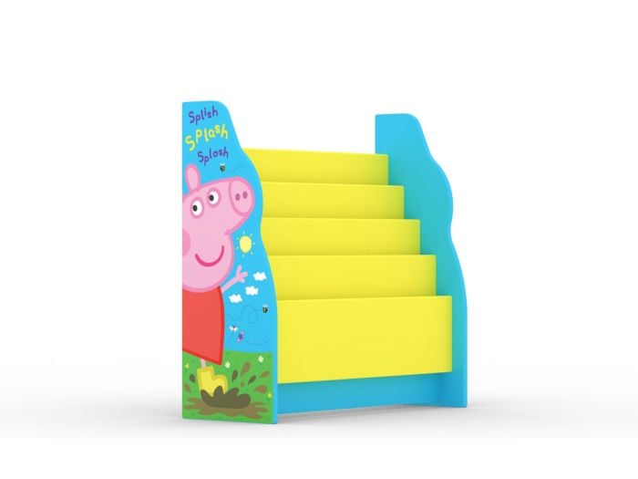 A brightly coloured Peppa Pig children's bookcase. With colourful graphics of Peppa splashing in the mud. 4 book sleeves in bright yellow