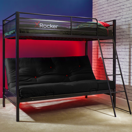 X Rocker Stronghold Gaming Triple Bunk Bed With Futon Cushion