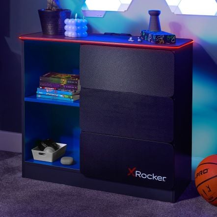 X Rocker Carbon-Tek Chest of 3 Drawers with LED Lights - Grey / Blue