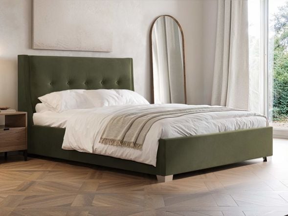 Flair Artemis Khaki Green Velvet Cushioned Headboard Ottoman Bed