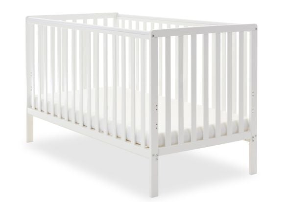 White wooden cot bed with open slat design and teething rails.