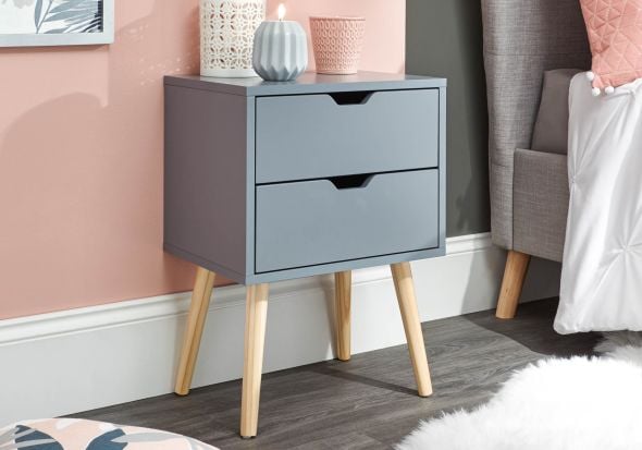 GFW Nyborg Single 2 Drawer Bedside contemporary style Available in dark grey, white or nightshadow blue with wooden legs