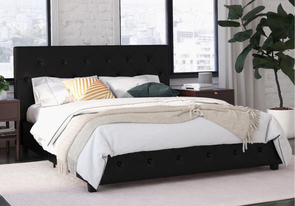 Dorel Dakota Faux Leather Bed Frame black finish available in double and king sizes sprung slatted base modern style