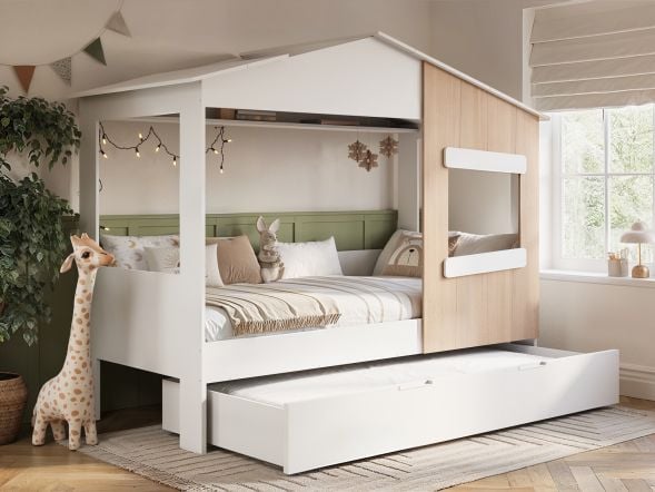 Flair Dreamland House Bed With Trundle White and Oak