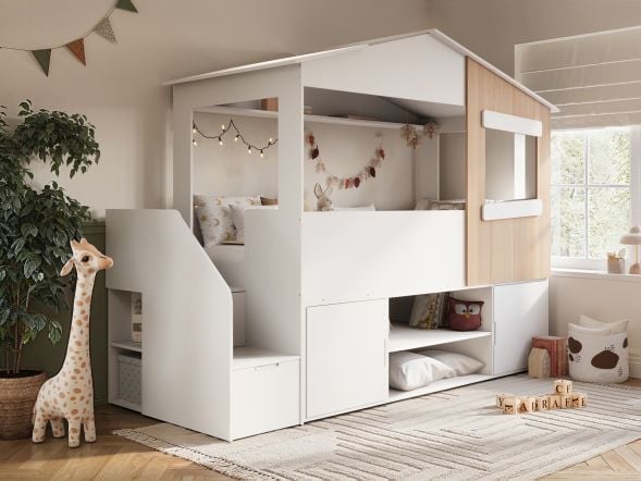 Flair Dreamland House Staircase Midsleeper With Storage White and Oak