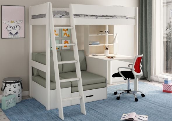 Kids Avenue Estella White Highsleeper with Desk and Futon
