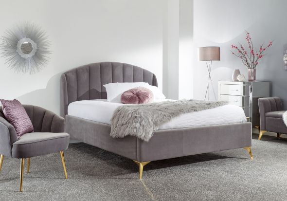 Luxurious fabric bed frame deep cushioned winged headboard angled gold feet available in grey, pink, teal and royal blue