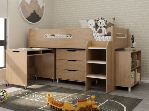 Kidsaw Mid Sleeper with desk, drawers and bookcase - Oak Style