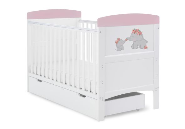 Obaby Grace Inspire Cot Bed & Under Drawer - Me & Mini Me Elephants - Pink
