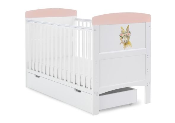 Obaby Grace Inspire Cot Bed & Under Drawer - Watercolour Rabbit Pink
