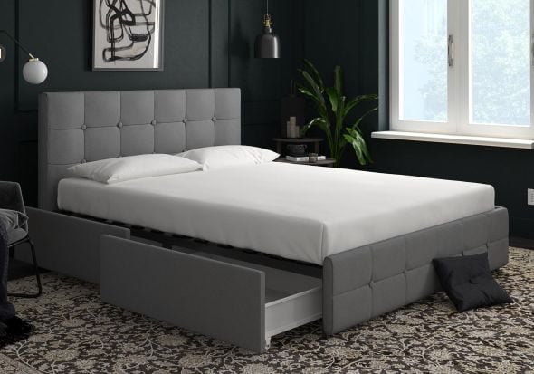 Dorel Rose Linen Upholstered Storage Bed Frame Modern style grey linen four drawers sprung slatted base