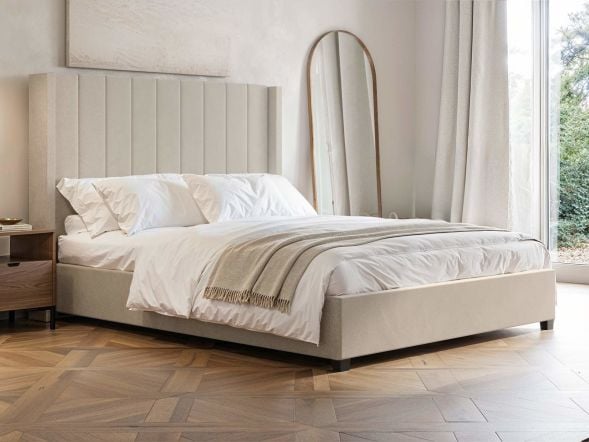 Flair Tiggy Beige Velvet Ottoman Bed with Winged Headboard