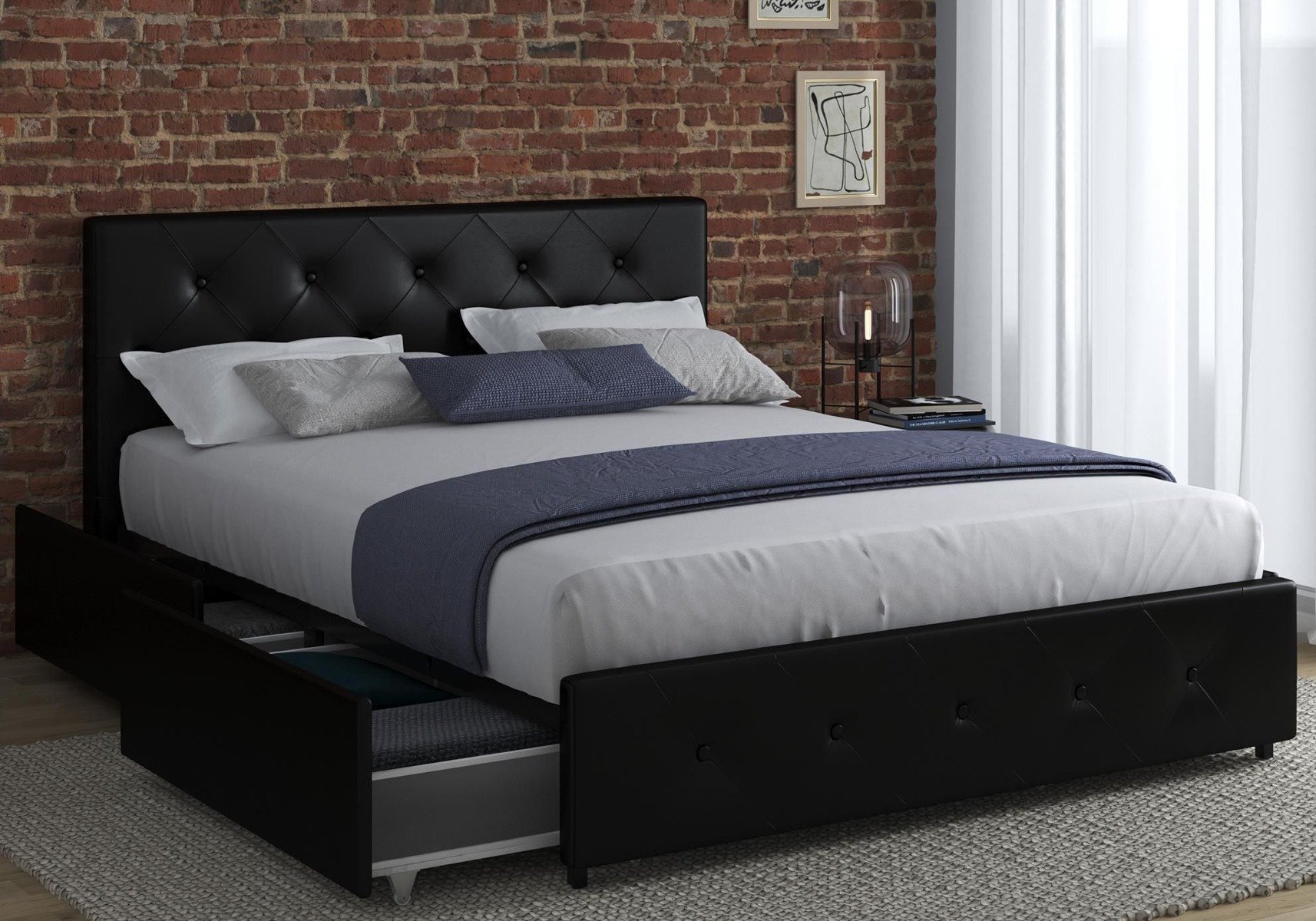 Black double bed with storage drawers