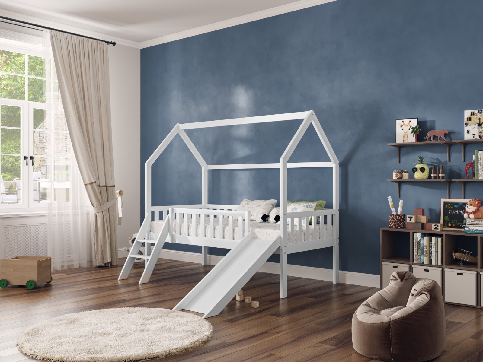 White child's midsleeper bed with slide