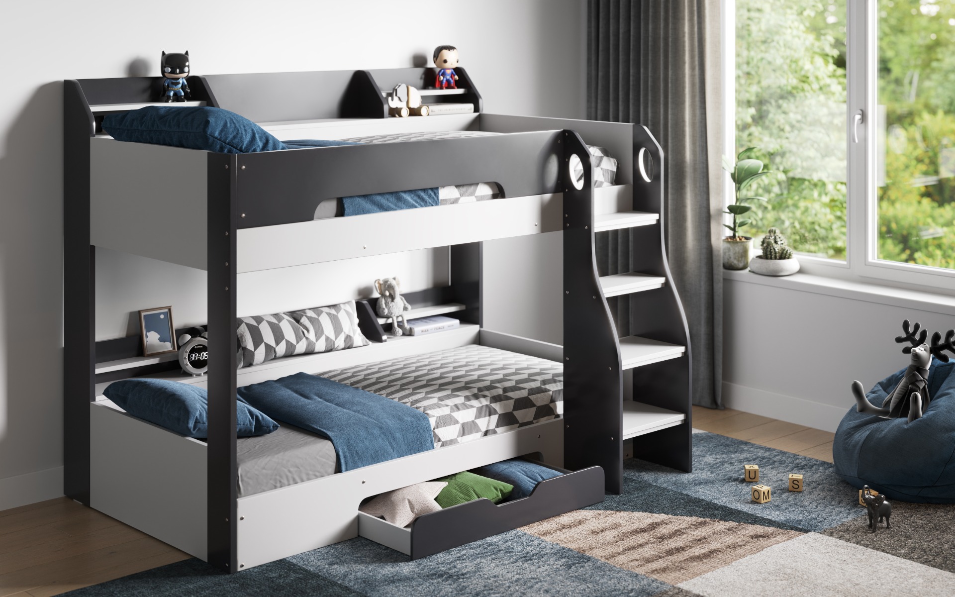Flair Flick Bunk Bed Grey With Shelves And Drawer