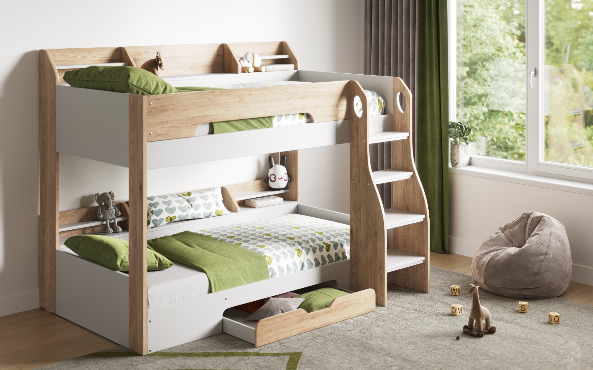 Flair Flick Bunk Bed Oak With Shelves And Drawer