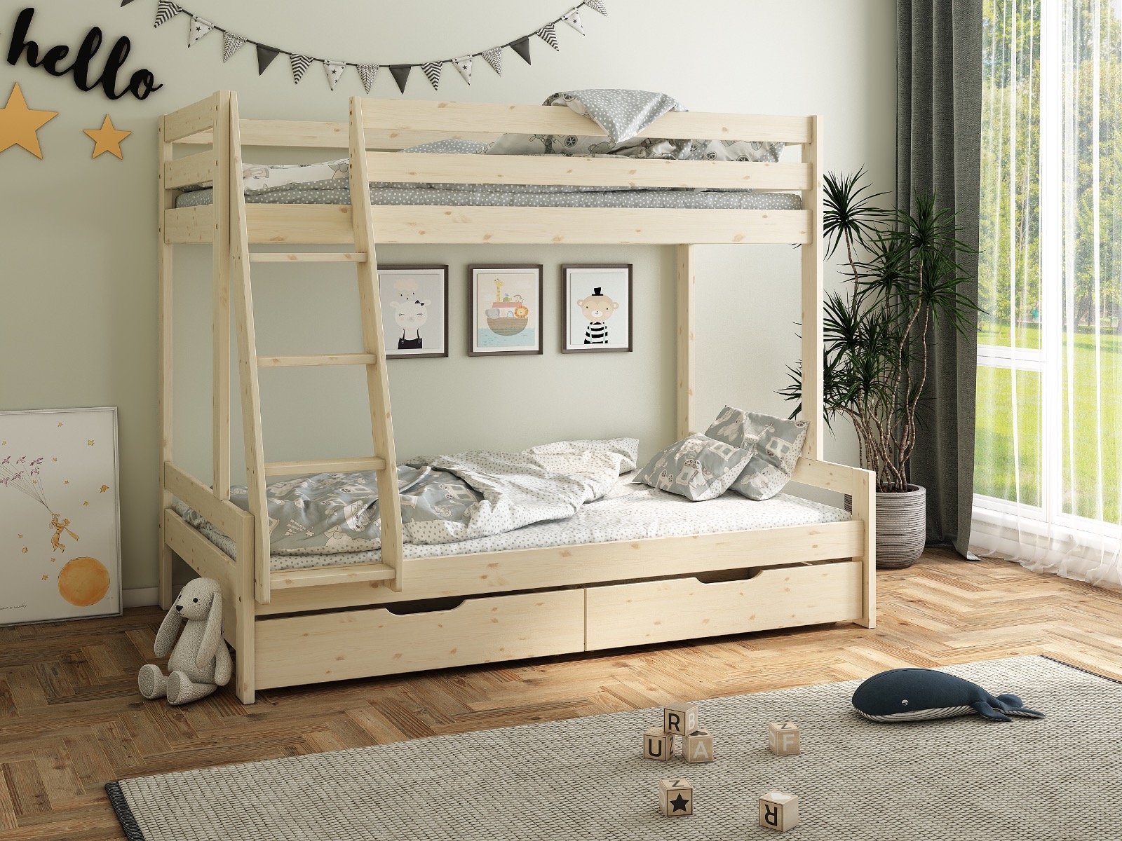 Noomi Nora Solid Wood Triple Bunk Bed Natural Pine (FSC-Certified)