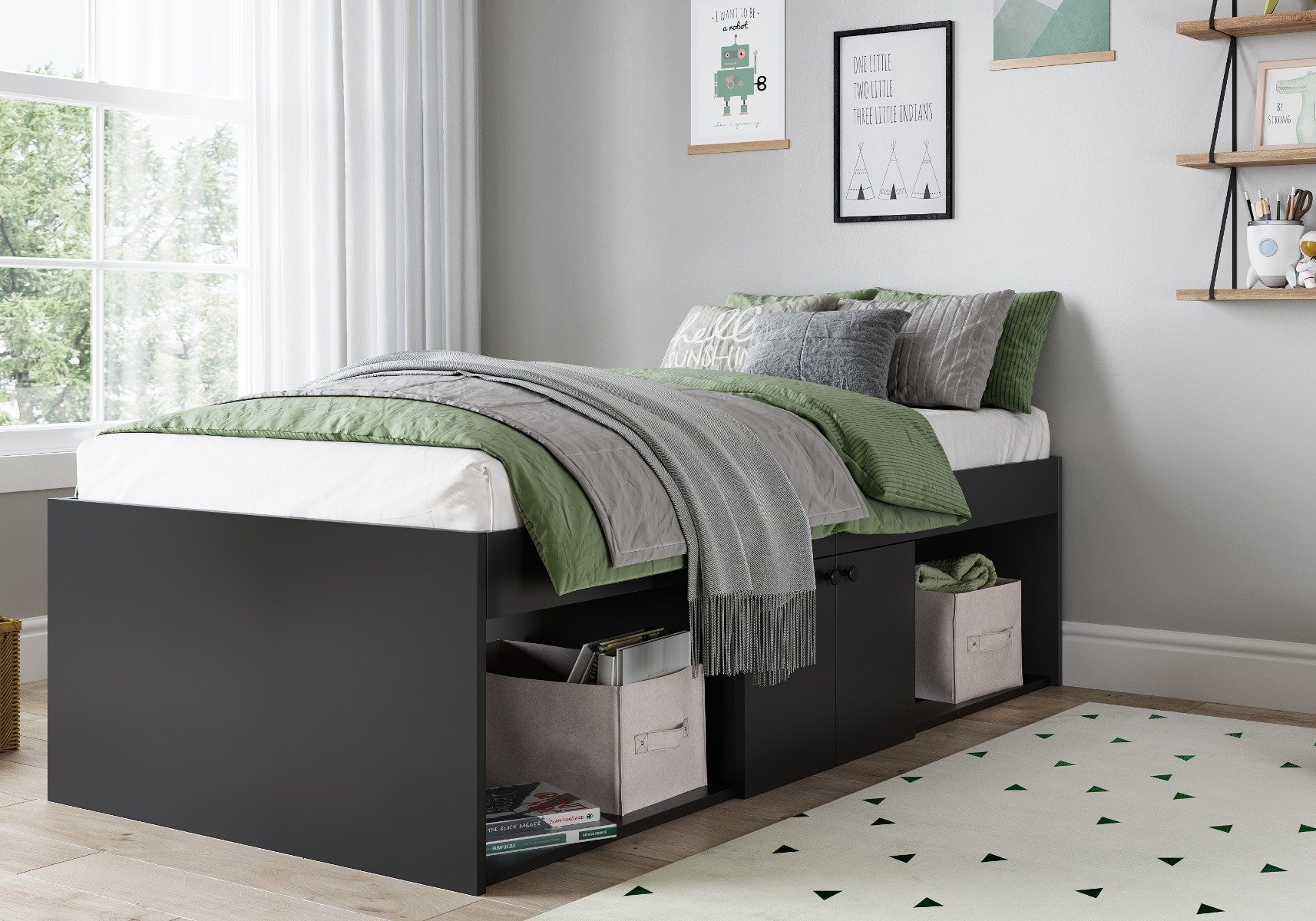 Black single bed with storage drawers