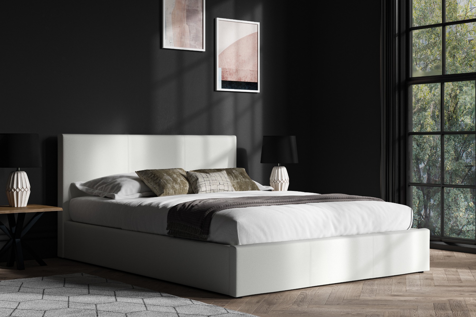 White double ottoman bed with brown and white bedsheets