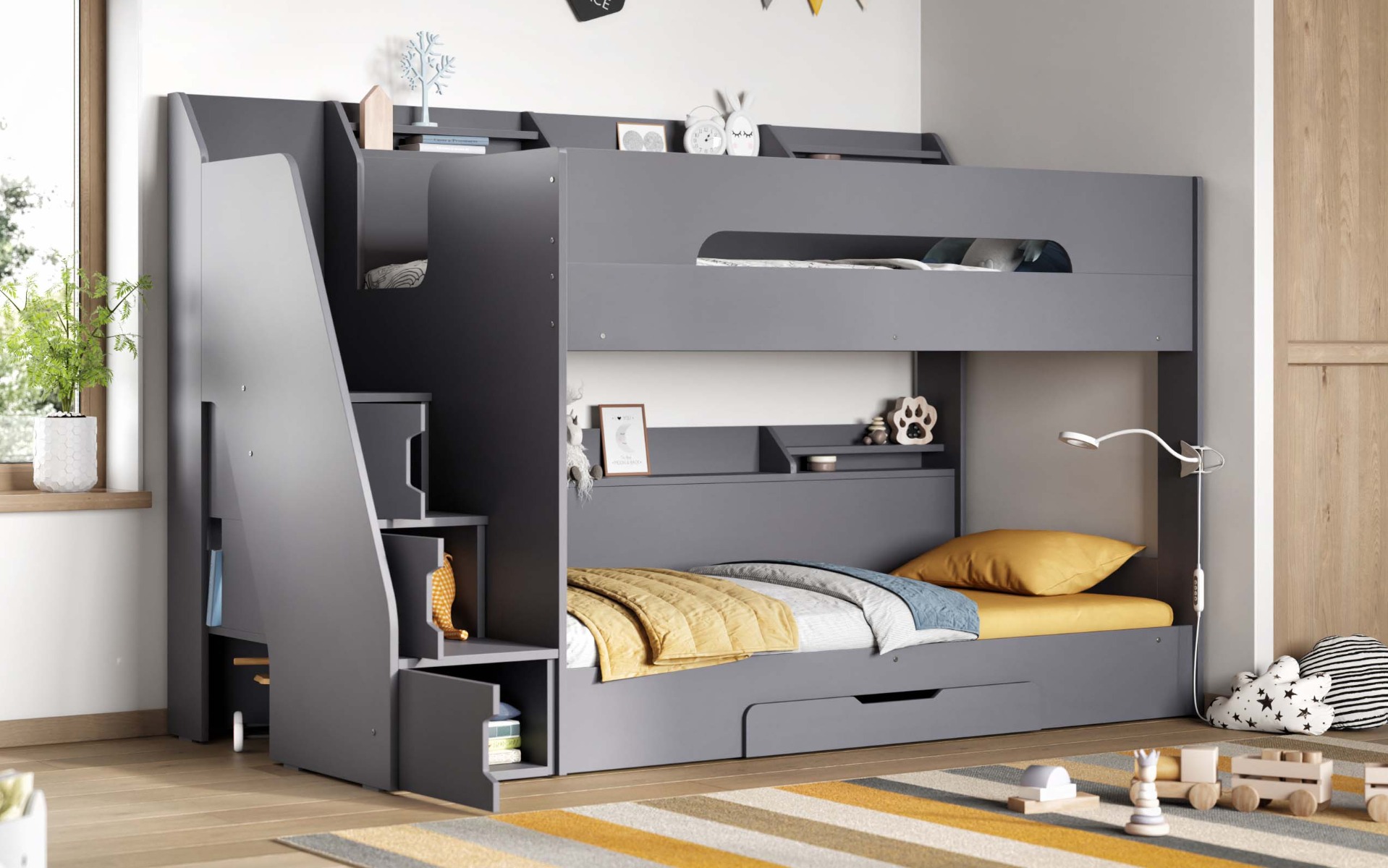 Flair Slick Staircase Bunk Bed Grey With Storage