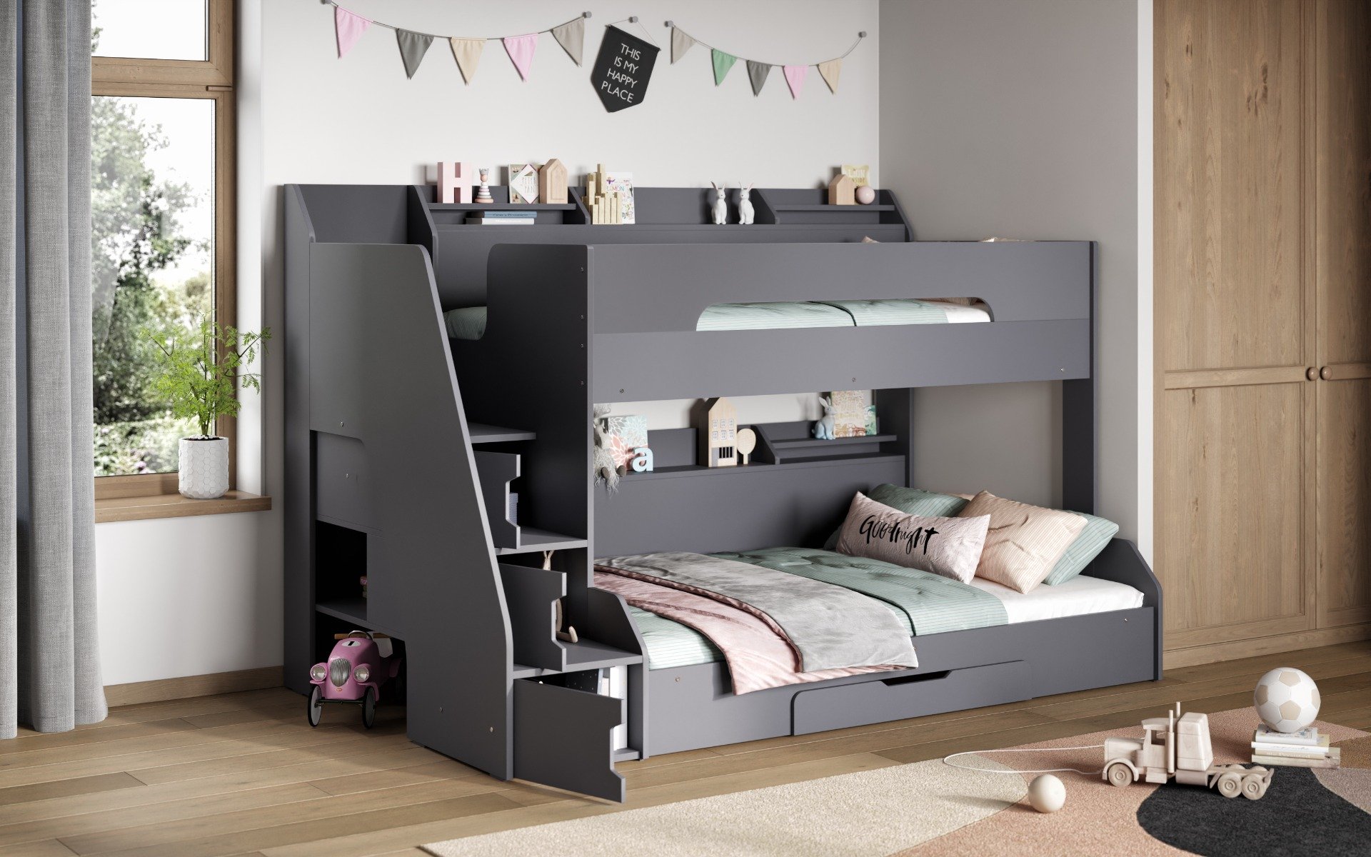 Flair Slick Staircase Triple Bunk Bed Grey with Storage
