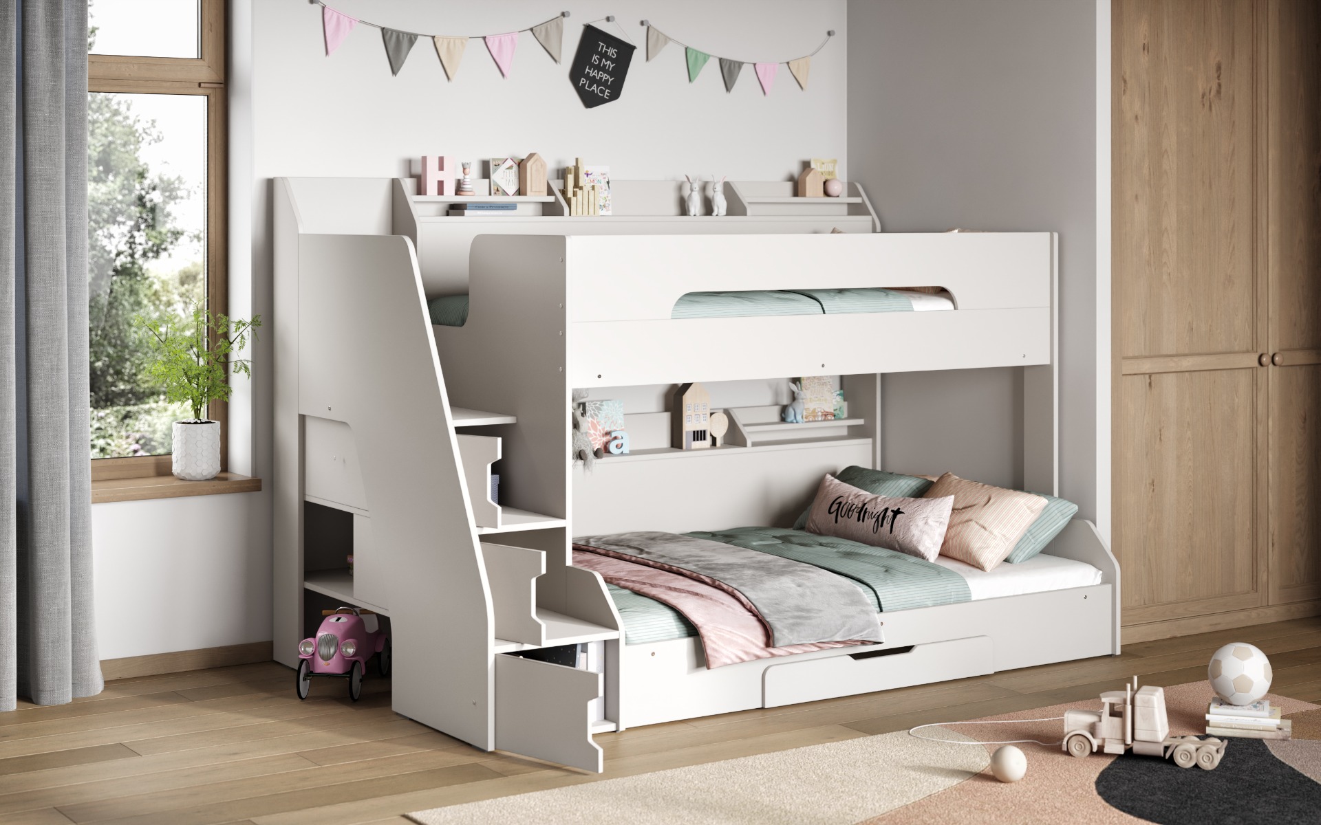 Flair Slick Staircase Triple Bunk Bed White with Storage