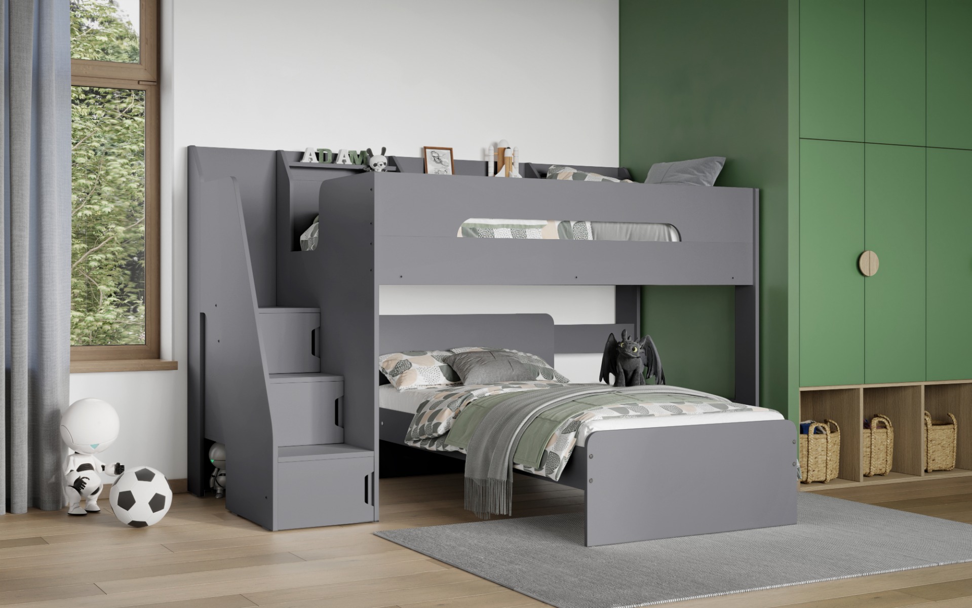 Flair Stepaside Staircase L Shaped Bunk Bed with Storage in Grey