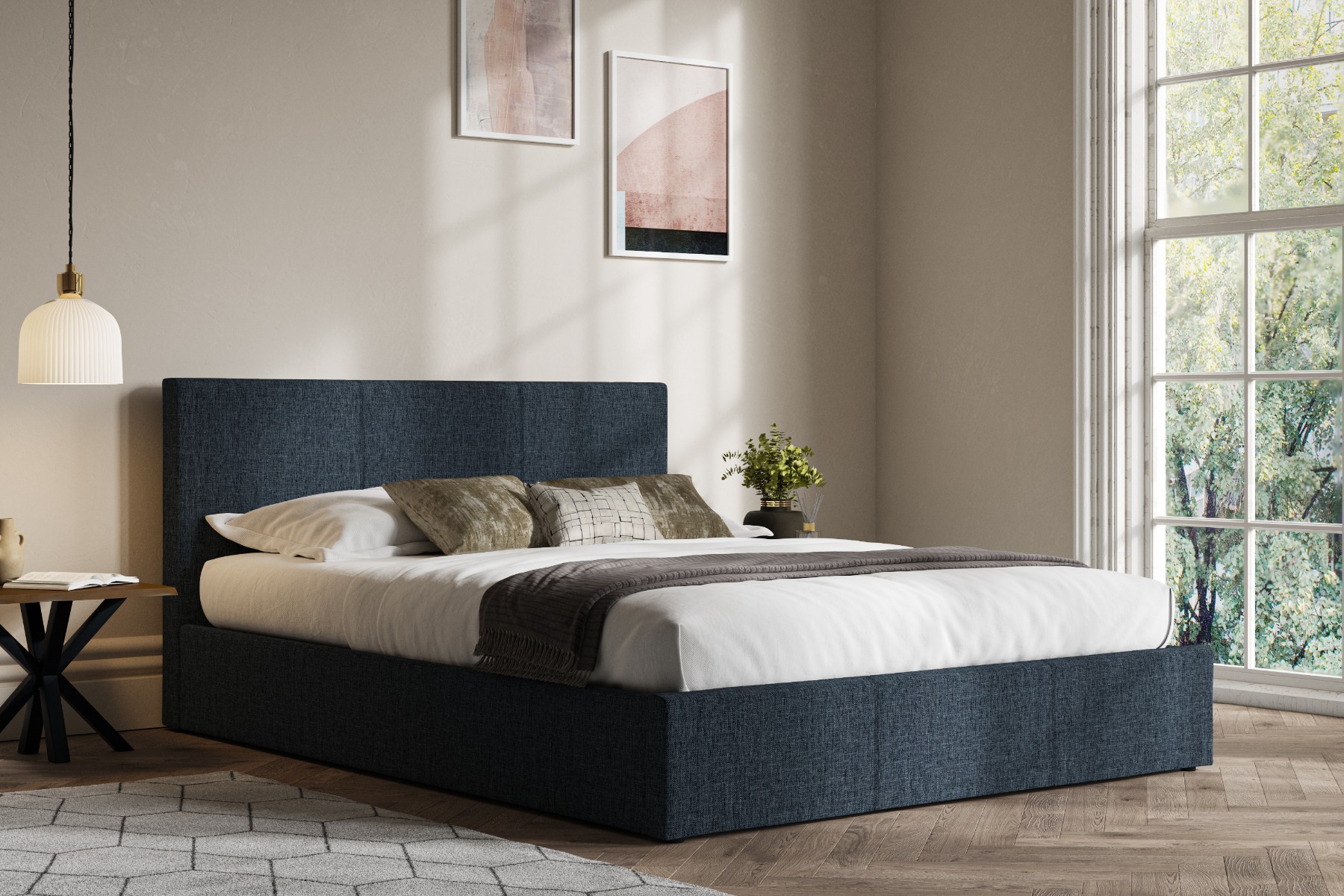 Dark blue double ottoman bed