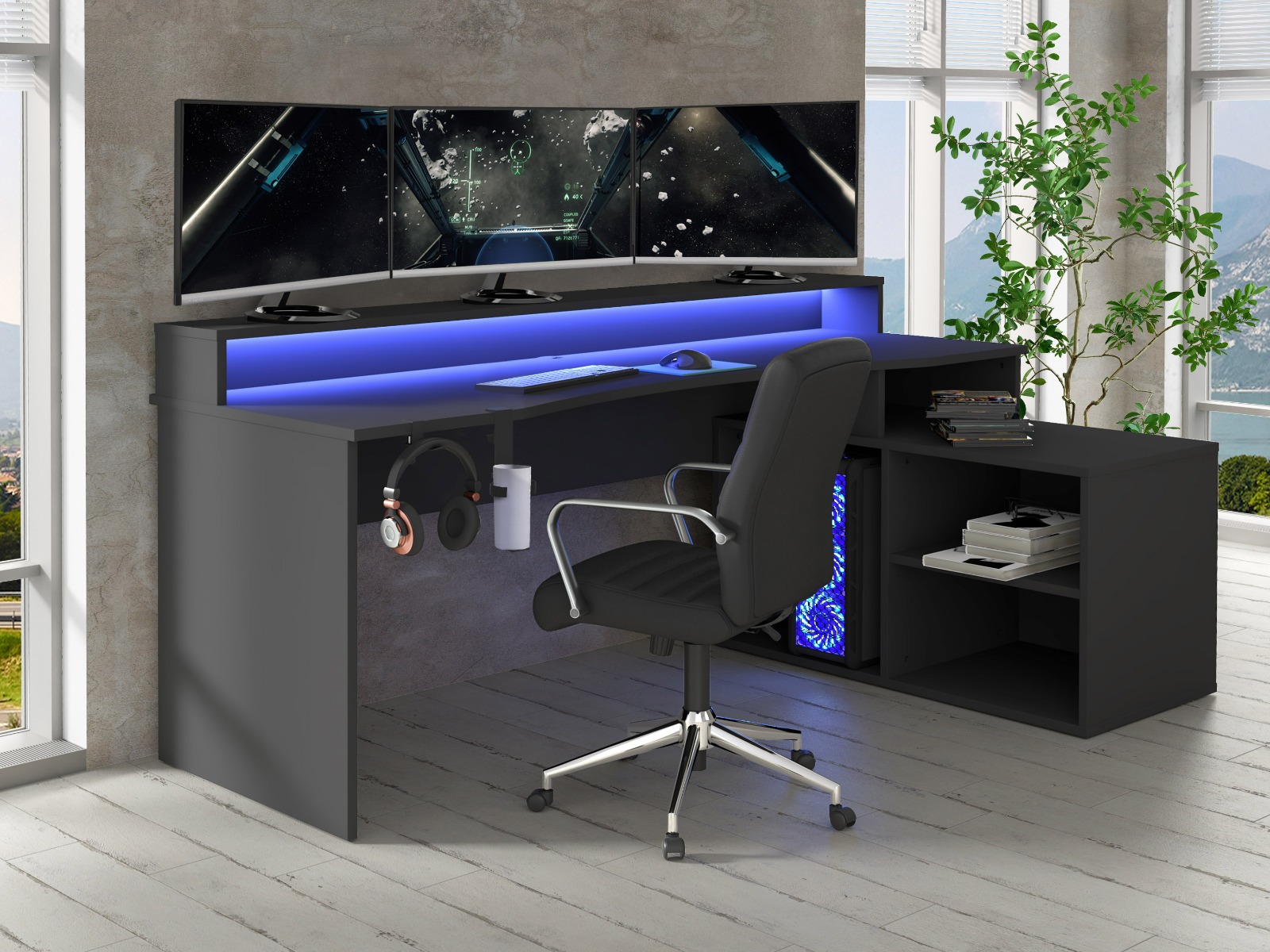 Flair Power W L Shaped Corner Gaming Desk With Colour Changing LED Lights