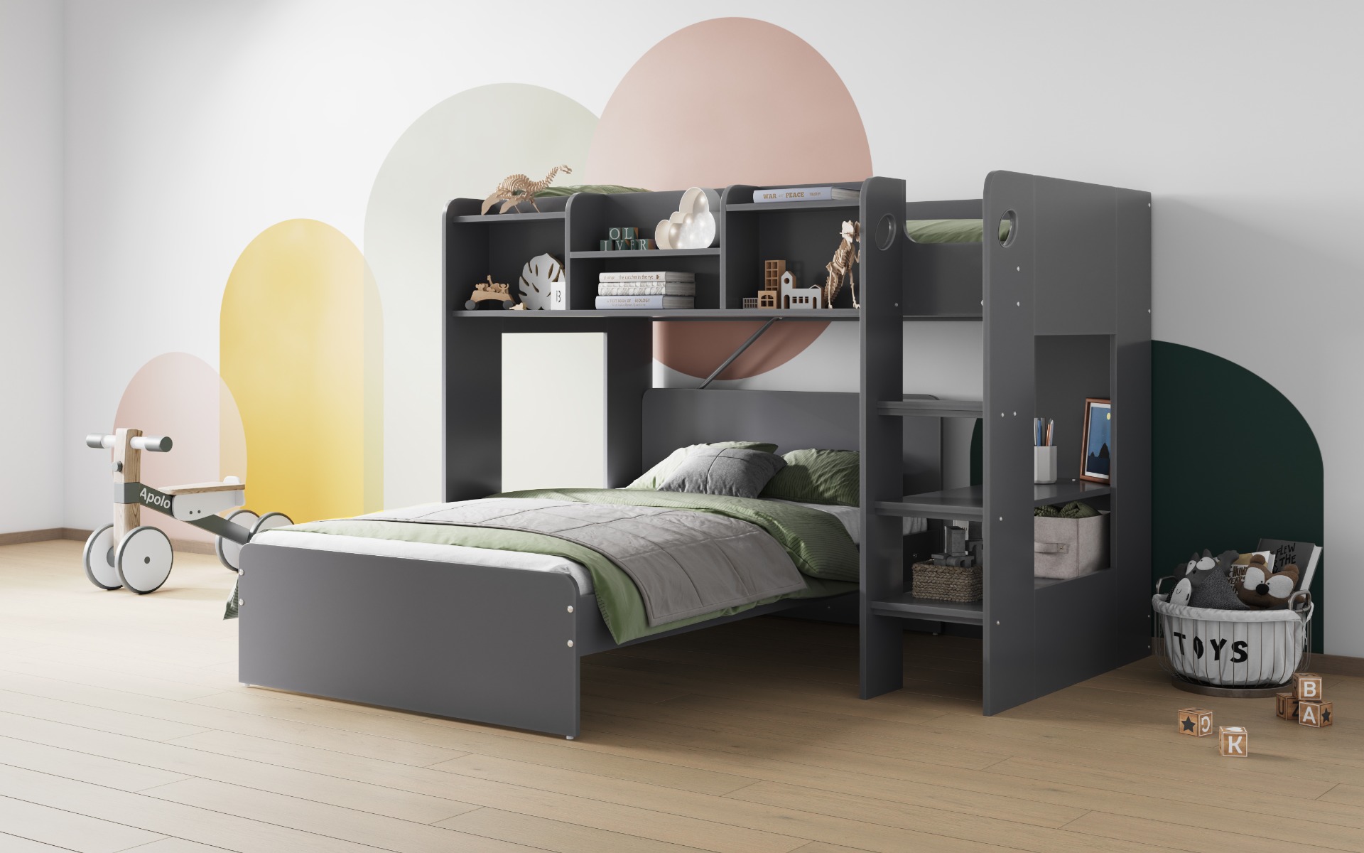 Flair Wizard L Shaped Triple Bunk Bed with Shelves in Grey