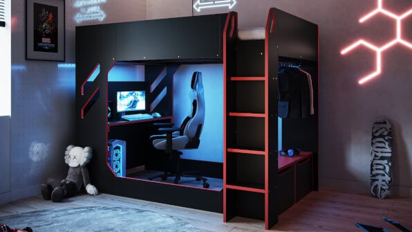 Modern gaming furniture and bed with ergonomic design and built-in features for gamers